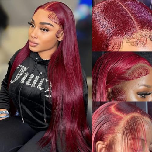 99j Burgundy Lace Front Wigs Human Hair 200 Density Straight 13x6 HD Lace Front Wigs Human Hair Pre Plucked Glueless Red Color Lace Front Wigs for Women 22 Inch