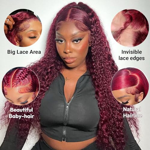 Estilar 99j 13x6 HD Lace Front Wigs Human Hair Burgundy Curly Human Hair Wig with Baby Hair 200 Density Red Deep Wave Lace Front Wigs for Women 22 Inch