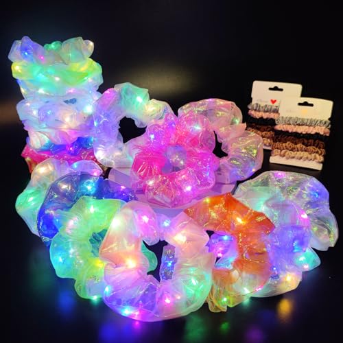 20Pcs Light Up Scrunchies with 12Pcs Satin Elastic Hair Bands, LED Hair Ties for Women & Girls, Glow in the Dark Party Supplies Christmas Party Favor Festival Rave Accessories for Neon Glow Party