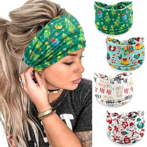 4Pcs Christmas Headbands for Women - Snowflake Santa Snowman Xmas Tree Holiday Hair Bands, Festive Gift Hair Accessories (HOHO)