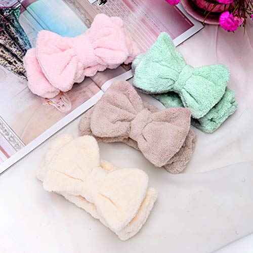 4 Pack Makeup Spa Headband Microfiber Bow Towel Soft Fluffy Washing Face Headband for Women Girls Shower Bath Skincare (Light Pink, White, Green, Brown)