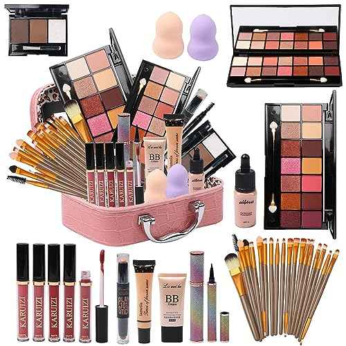 All in One Makeup Kit - 2X14 Eyeshadow Palette, Liquid Foundation, Eyeliner Pencils, Contouring Stick, 20pc Makeup Brushes (Pink)
