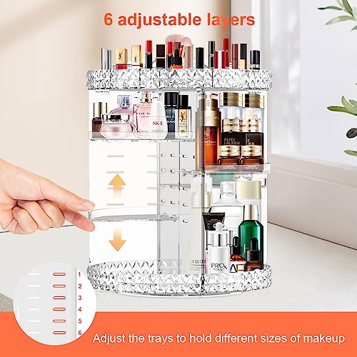 360 Rotating Makeup Organizer for Vanity + Makeup Brush Holder,Perfume Organizer with 6 DIY Adjustable Layer,Large Capacity Skincare Organizers,Lazy Susan Make up Organizer for Bedroom Dresser,Clear