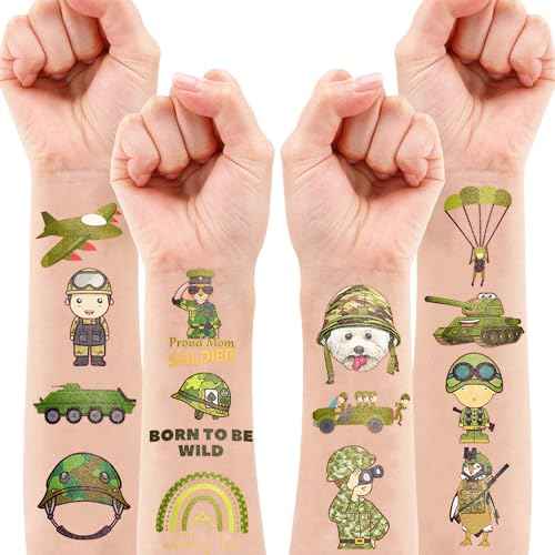 96PCS Camo Temporary Tattoos for Kids - Army Themed Birthday Party Favors, Cute Stickers for Boys & Girls, Fun Gifts, Classroom Prizes, Christmas Party Decorations
