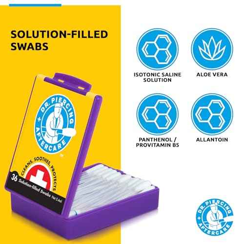 Dr. Piercing Aftercare Swabs ? Piercing Bump Saline Solution for Cleansing Earring, Nose, Belly, and Ear Piercings ? Gentle Saline Wash for a Refreshing Experience ? 36 Easy-to-Use Swabs (1-Pack)