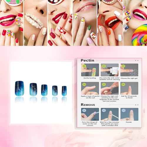 Medium Square Nails Press Ons Blue Press on Nails Blue Marble Designs False Nails Full Cover Artificial Acrylic Nails 24pcs-Deep Ocean Waves