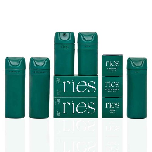 RIES Essential Refillable Toiletry Travel Bottles – Set of 5 (3.4oz & 1.7oz) Airless Pump Containers for Shampoo, Conditioner, Body, Face – Leak-Proof, TSA-Approved, Dishwasher Safe- Escapade Green