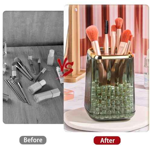 Gold Clear Makeup Brush Holder, Vintage Cosmetic Beauty Organizers Cup for Vanity, Lip Pencil Holder Vintage Lipstick Holder - Green