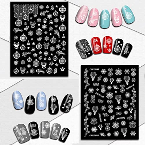 TailaiMei Christmas Nail Art Stickers Decals, Self-Adhesive White Nail Decorations Design for Santa Claus Snowflake Snowman (800 Pcs, 9Sheets)