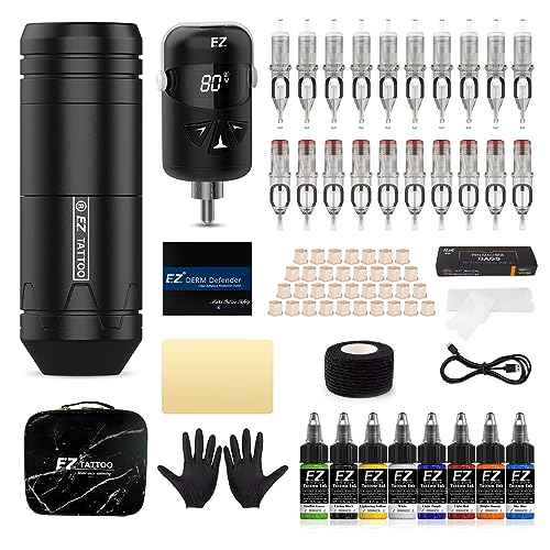 EZ Tattoo Gun Kit - Wireless Tattoo Machine Kit Complete with Tattoo Machine Pen, 1100mAh Battery Power Supply, 20Pcs Tattoo Cartridges Needles and 8 Color Inks for Tattoo Beginners (Dagger V3)