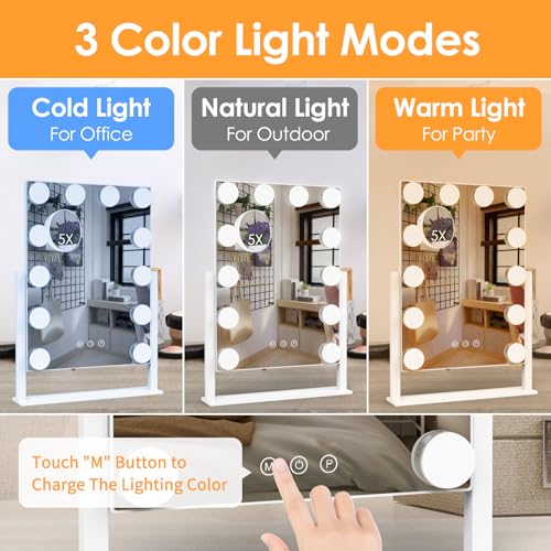 Vanity Mirror with Lights, Hollywood Lighted Makeup Mirror with 3 Color Lighting Modes and 12 Dimmable Bulbs, Detachable 5X Magnification, Smart Touch Control, 360¡ÆRotation, White