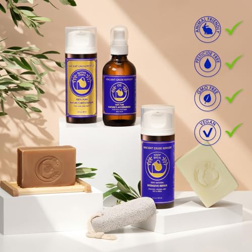 Ancient Greek Remedy Organic Spa Gift Set - Body Oil, Face Moisturizer, Foot Balm & 2 Soap Bars - Lavender Scented Skin Care Gift Basket for Women - Perfect for Christmas, Birthdays & Self Care