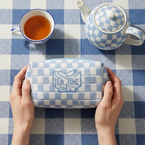24 PACK Checkered Makeup Bag- Bulk Bridesmaid Proposal Gifts Makeup Pouch for Wedding Party Favors Bachelorette Party Decorations Toiletry Organizer Bag Cosmetic Case Gift (Blue)