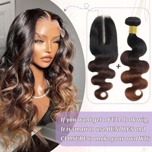 T1B/2/30 Chestnut Brown Ombre Human Hair Bundles Body Wave 100% Real Virgin Human Hair Bundles 10 12 14 Inch Dark Roots Bundle 3 Tone Ombre Medium Auburn Colored Sew in Quick Weaves