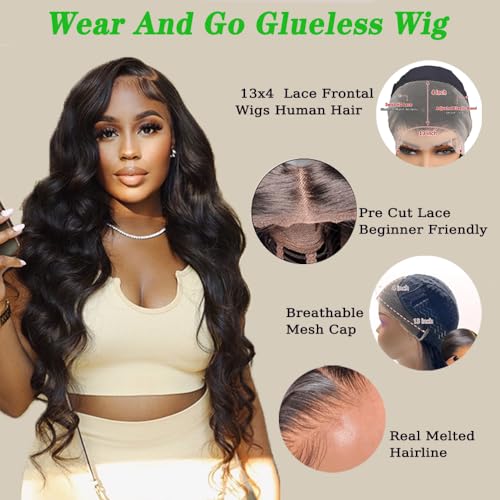 28 Inch Glueless Wigs Human Hair Pre Plucked Pre Cut 180% Density Wear and Go Glueless Wig 13x4 HD Body Wave Lace Front Wigs Human Hair for Women Frontal Wig with Baby Hair