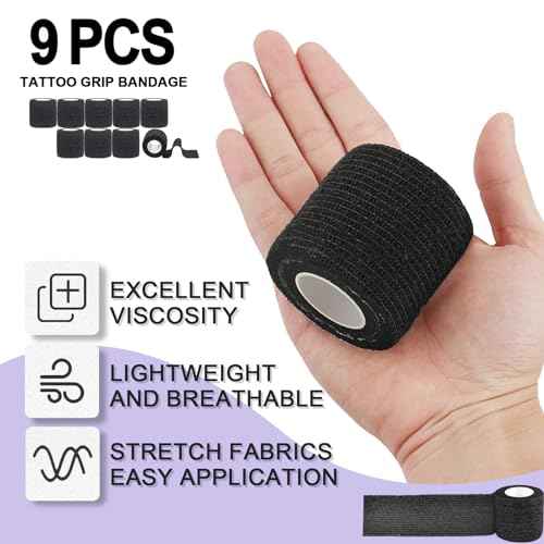 9pcs Tattoo Bandage Wrap - Usiriy 2" x 5 Yards Elastic Breathable Cohesive Bandage Wrap Rolls Tattoo-Machine Tattoo Grip Tapes Vet Wrap Athletic Tapes