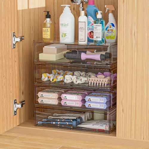 Clear Stackable Makeup Organizer with Drawer, 12''W Acrylic Storage Drawers, Cosmetic Display Case for Vanity Bathroom Countertop, Beauty Holder for Lipstick Brush Skincare Perfume