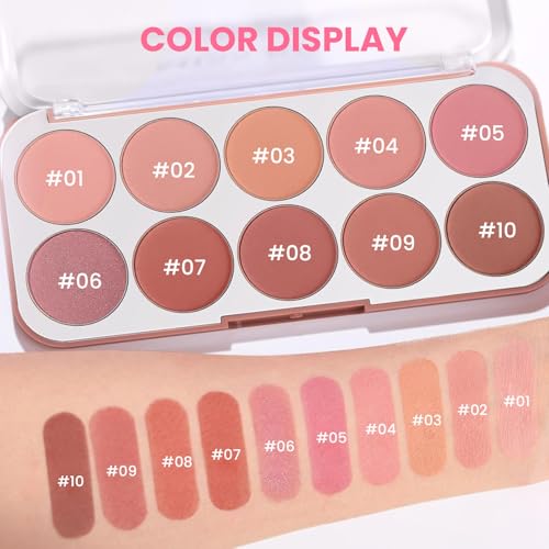 10 Colors Blush Palette for Cheeks, Lightweight Matte Finish Blush Powder for Face, Buildable Facial Makeup Palette