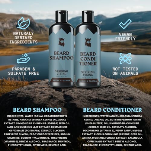 Striking Viking Beard Shampoo and Conditioner Set ? 4 Fl Oz Each, Fresh Masculine Scent - Beard Wash and Conditioner for Men - Cleanses & Softens, with Argan & Jojoba Oil - Sulfate & Paraben Free