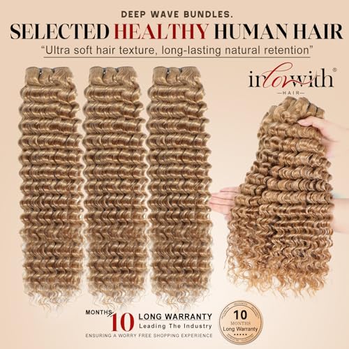 inlovwith Honey Blonde Deep Wave Human Hair Bundles, Selected Healthy Deep Curly Bundles Human Hair 27# Colored Brazilian Virgin Hair Wet and Wavy (Single Bundle, 30 Inches)