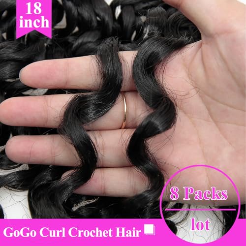 18 Inch Pre Looped Crochet Hair for Black Women - Gogo Curl/Beach Curl/Ocean/Water/Deep Wave Crochet Hair 8 Packs, Synthetic Hair Tangle-Free Natural Look Curly Hair Extensions (1B/BUG)