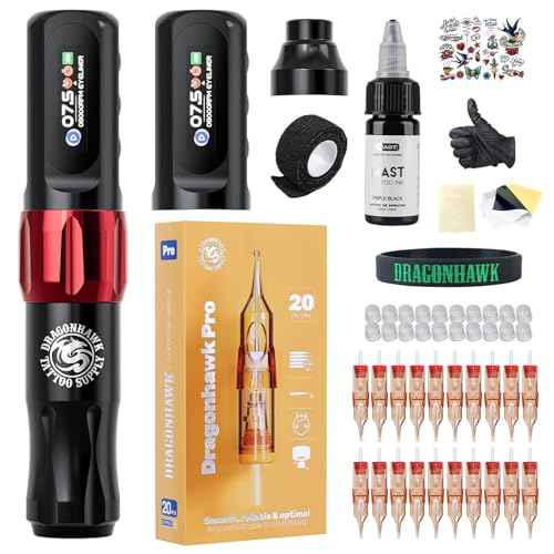 Dragonhawk Atom2 Cordless Tattoo Gun Kit - Lightweight & Silent Rotary Tattoo Machine Gun 20 Cartridge Needles 2 Batteries Multiple Modes Complete Tattoo Kit for Beginners