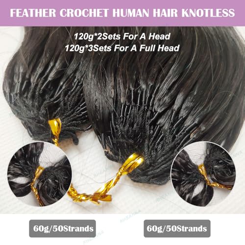 Feather Crochet Human Hair Extensions Wet and Wavy Knotless Pre-Separated Crochet Hair Extensions Human Hair With String In The Middle Braid 18inch 60g