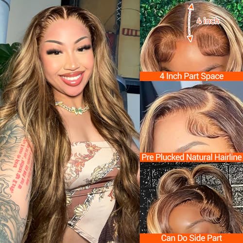 Honey Blonde Ombre Lace Front Wig Human Hair Pre Plucked 13x4 HD Transparent 4/27 Highlight Lace Frontal Wigs with Baby Hair 200% Density Colored Body Wave Lace Front Wigs For Women 22 Inch