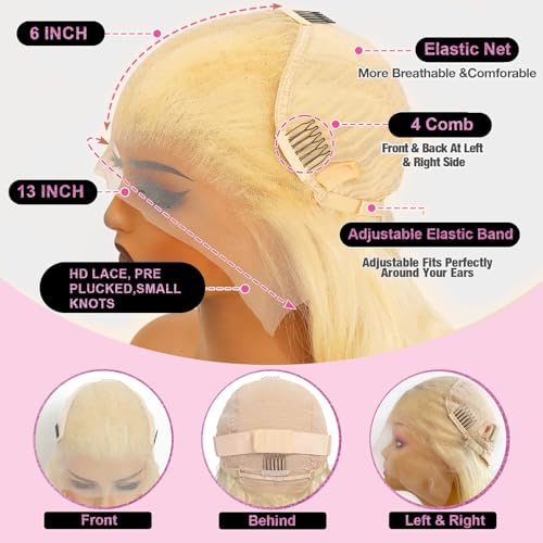 26 Inch 613 Lace Front Wig Human Hair 200 Density Blonde Wig Human Hair Body Wave Blonde Lace Front Wigs Human Hair Pre Plucked 613 HD Lace Frontal Wig 13x6