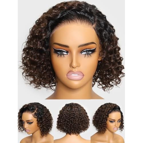 Julia Hair 8 Inch Ombre Brown Short Curly Bob Bye Bye Knots Glueless Wigs Human Hair Pre Cut 7x5 HD Lace Closure Wig Pre Cut Lace Closure Pre-Everything Pre-Plucked Pre Bleached Balayage Brown Wig