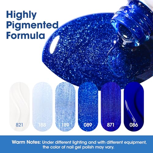 GELLEN Blue Gel Nail Polish Set, 6 Colors Glitter Royal Navy Dark Blue Pearlescent Shell White Nail Gel Polish Kit, Soak Off UV Gel Polish Winter Nail Art Design DIY Manicure Gift for Her
