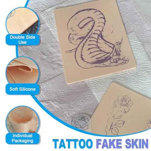 Emalla 3MM Fake Tattoo Skin - 20Pcs Premium Silicone Skin Practice Kit 7.48"x5.6" Double Sides Fake Skin Practice for Beginners and Artists Tattoo Supplies