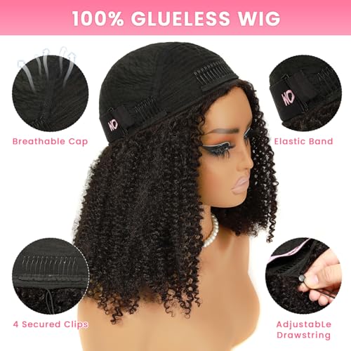 WOWANGEL Kinky Curly Half Wig Human Hair 3-in-1 Glueless Headband Wig with Drawstring, 200 Density Seamless Clip-Ins & Flip Over Design for Black Women,Natural Black(1B#),16 inch