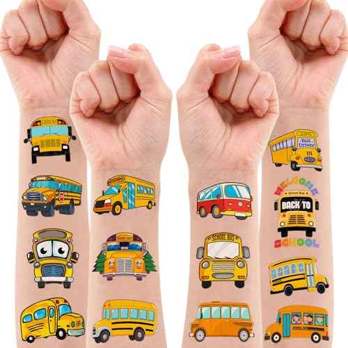School Bus Temporary Tattoos Theme Birthday Party Decorations Favors Decor Supplies Cute 91 PCS Transportation Back To School Tattoo Stickers Gifts for Kids Girls Boys School Prizes Carnival Christmas