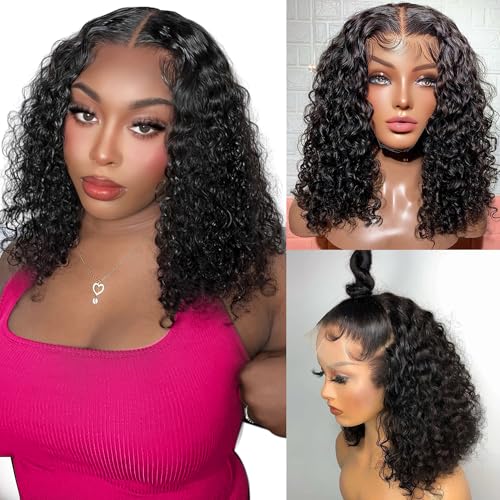 14 Inch Deep Wave Lace Front Wigs - Pre Plucked 200 Density Bob Wig - Glueless, Short Curly Human Hair Wig - Natural Black