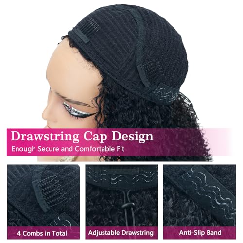 Afro Kinky Curly Human Hair Half Wigs for Black Women Wear & Go Glueless Wigs Human Hair Seamless Kinky Curly Flip Over Drawstring Clip in Half Wig No Sew In 200% Density Natural Color 16 Inch