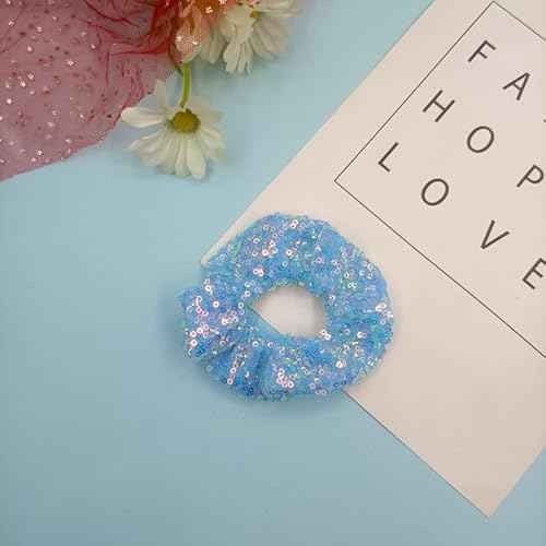 12 Pcs Bling Mermaid Sequins Dance Scrunchies Cheer Scales Hair Scrunchies For Thick Hair School Performance Scrunchy Sports Ponytail Holder Wrist for Girls Cosplay Show (Blue)