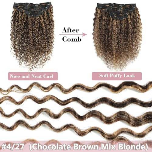 Urbeauty Curly Clip in Extensions Remy Human Hair Brown Highlight Blonde Natural Wavy Hair Extensions 20 Inch 120g Triple Weft Clip in Hair Extensions Full Head Kinky Curly Human Hair 4/27 Color