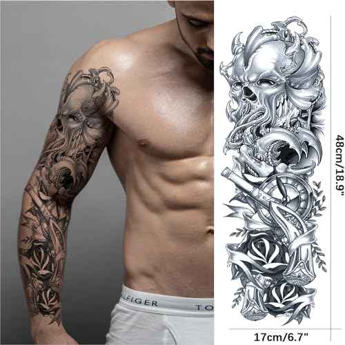Pirate Skull Fake Tattoo Sleeve for Men, Full Arm Realistic Flower Skeleton Kraken Gun Temporary Tattoo Sleeve Women Adult, Large Black Octopus Sailboat Temp Tatoo Sticker Leg Body Art Makeup, 8-Sheet