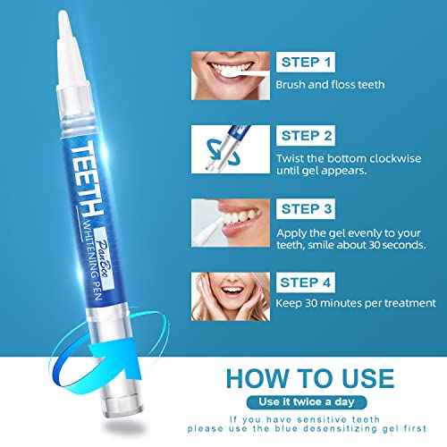 Teeth Whitening Pen 4+1(5 Pack), 70+ Treatments, Use Twice a Day Up to 1-6 Shade Whiter in 1-2 Weeks, 4 Whitening Pens plus 1 Desensitizing Pen, Effective, Painless and Enamel Safe Teeth Whitening Gel
