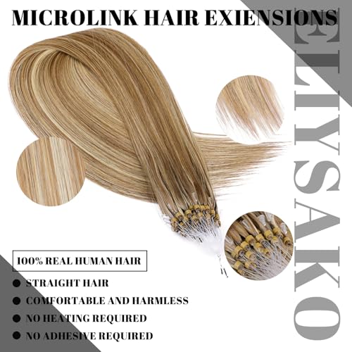 Microlink Hair Extensions Human Hair Microbead 100% Remy Hair #60/7 Chocolate Brown Mix Caramel Blonde 22inch 40G MicroLoop Extensions Real Human Hair Blonde Natural Look & Salon Quality