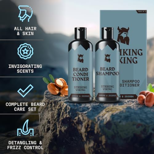Striking Viking Beard Shampoo and Conditioner Set ? 4 Fl Oz Each, Fresh Masculine Scent - Beard Wash and Conditioner for Men - Cleanses & Softens, with Argan & Jojoba Oil - Sulfate & Paraben Free