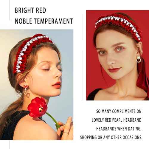 Red Headbands Pearl Headband Rhinestone Head Band wrinkle hairband Glittering Jewelry velvet Hair Hoop For Women (Red)