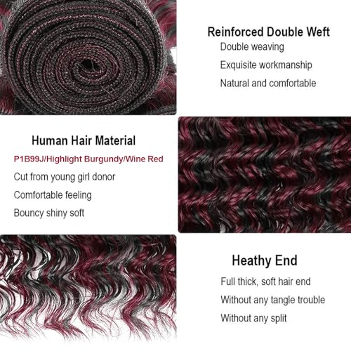 Highlight Bundle P1B99J Deep Wave Human Hair Bundles Two Tone Black Mixed With 99J Burgundy 3 Bundles 24 24 24 Inch Ombre Wine Red Bundle Hair Weave