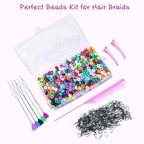 Ningrou 1008 Pcs Hair Beads Kit for Girls and Kids Hair Braids, 500Pcs 9x6mm Pony Beads, 500Pcs Mini Elastic Rubber Bands, 5Pcs Quick Beaders, 1Pcs Rattail Comb and 2Pcs Duckbill Clips
