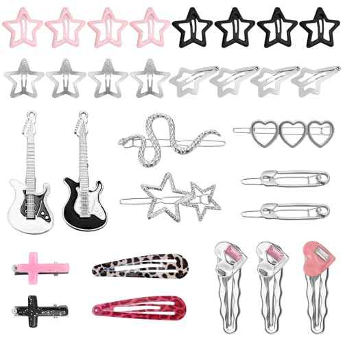 30 Pcs Y2K Hair Clips Set for Girls Women Kawaii Star, Retro Cross Guitar Leopard Print Non-Slip Barrettes Cute 2000s Hair Accessories for Kids