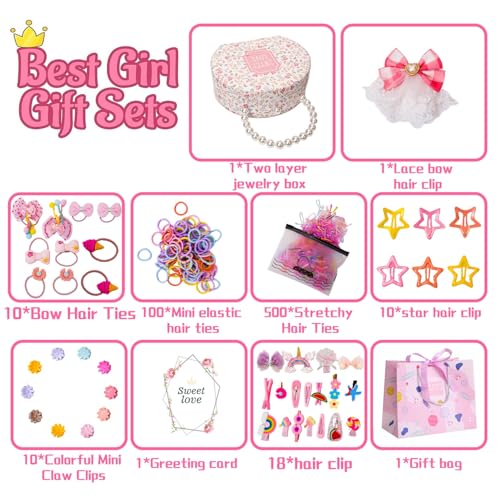 Girls Jewelry Set with Hair Accessories: Clips, Barrettes, Ties, Bows, and Round Jewelry Box - Christmas Gift for Ages 3-12