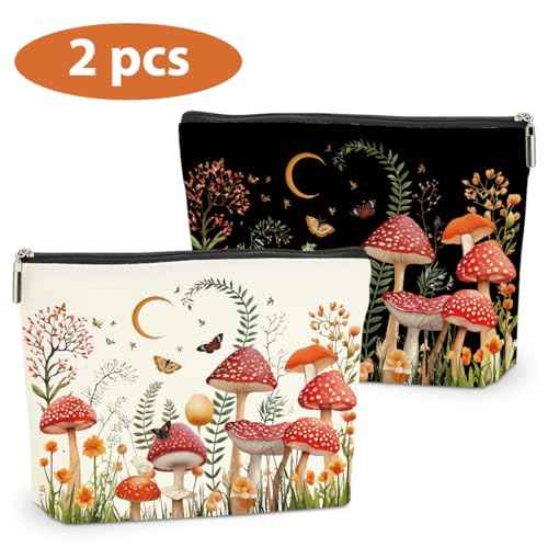2 PCs Floral Mushroom Makeup Bag Mushroom Gifts Cosmetic Bag, Mushroom Stuff mushroom bag, Mushroom Gift for Women Girls Friends Coworkers Christmas birthday Gifts Botanical Zipper Pouch