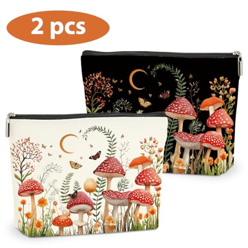 2 PCs Floral Mushroom Makeup Bag Mushroom Gifts Cosmetic Bag, Mushroom Stuff mushroom bag, Mushroom Gift for Women Girls Friends Coworkers Christmas birthday Gifts Botanical Zipper Pouch