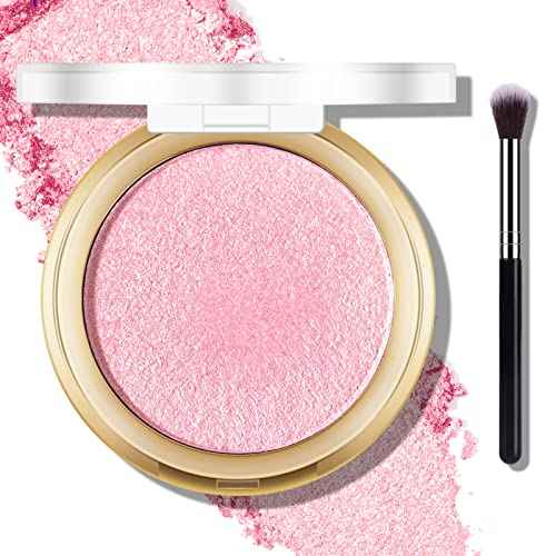 Baked Pink Highlighter Powder Palette, Makeup Highlighter Powder Palette Sheer Shimmering Finish Face Highlighters Makeup Iluminadores de Maquillaje #02 Mermaid Pink